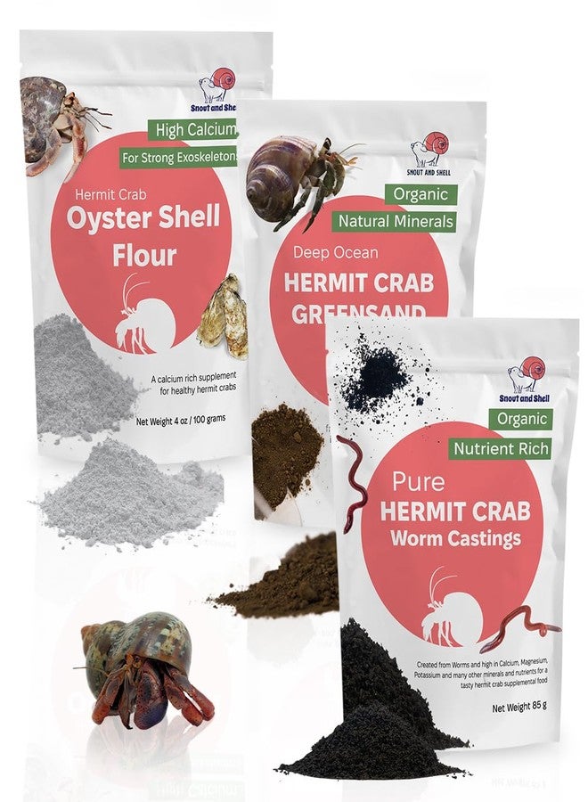 Snout and Shell Hermit Crab Supplement Bundle - Greensand, Oyster Shell Powder and Worm Castings - Molting Support, Natural Calcium, Minerals and Protein - Auto Feeder Friendly, USA Sourced, Organic, Non-GMO - Image 1